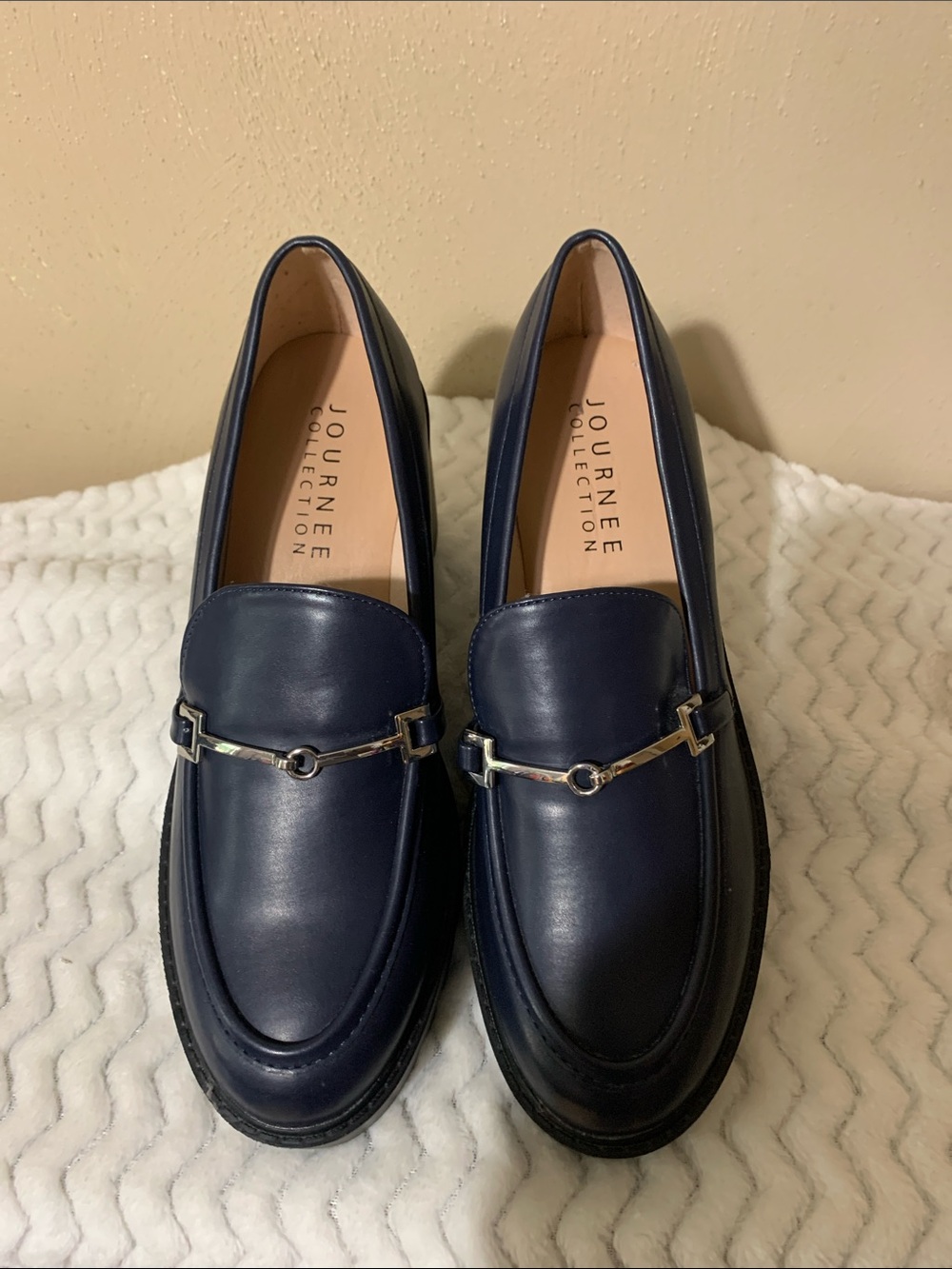 Journee Collection size 8.5  Navy Loafers Silver Accent Hard Plastic Heels